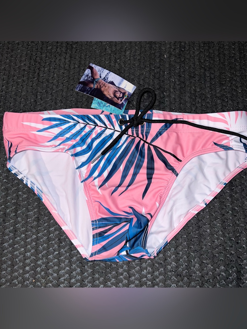 Men’s Pink Tropical Print Swim Briefs with Drawstring